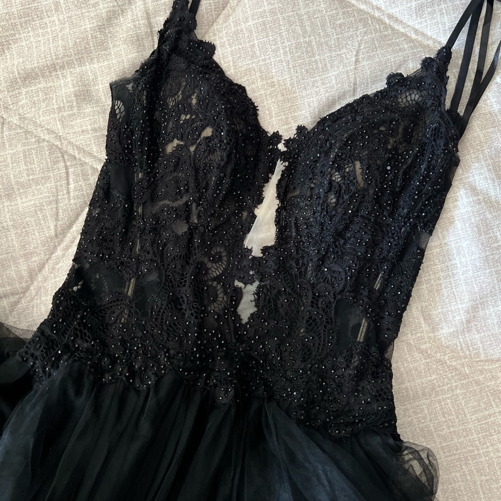 La Femme Tulle Black Lace Evening Dress